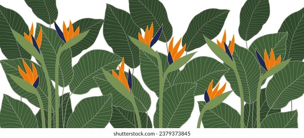 Resumen del vector del arte botánico. Papel mural de líneas tropicales de forma moderna. Ave de follaje paradisíaco, estrelitzia con flores amarillas, estampado tropical y floral, diseño para decoración casera, tela, arte mural	