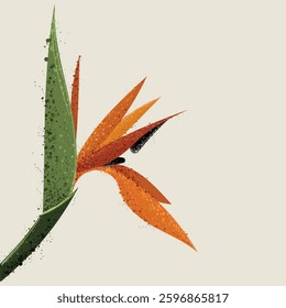 Abstract botanical art vector. Tropical line art wallpaper. Strelitzia with orange flowers, tropical and floral pattern, design for home decor, fabric, wall art