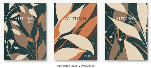 Abstract botanical autumn set with leaves and dry grass in modern art style. Fall background for banner, wallpaper, print, poster, textile, packaging, cover, frame, invitation