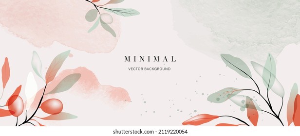 Abstract Botanical Background With Colorful Watercolor Brush Pattren. Red And Green Shades Leafy And Branch In Minimal Style Vector. Design For Banner, Wallpaper, Prints, Wall Art, Invitation.