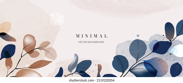 Abstract botanical background with colorful watercolor brush pattren. Brown and dark blue leafy and branch in minimal style vector. Design for banner, wallpaper, prints, wall art, invitation.