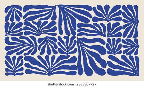 Abstract botanical background. Contemporary algae flower leaf print, modern blue floral elements organic shapes. Vector art