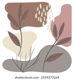 Abstract botanical background with earthy tones, organic shapes, and leaves in a modern minimalist style