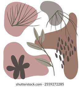 Abstract botanical background with earthy tones, organic shapes, and leaves in a modern minimalist style