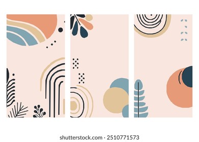 Abstract botanical background features soft, earthy tones with minimalist leaf designs, perfect for serene elegant touch to social media ads. Ideal for eco friendly products or wellness brands