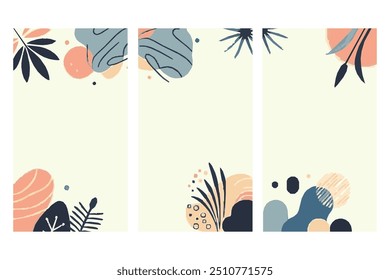 Abstract botanical background features soft, earthy tones with minimalist leaf designs, perfect for serene elegant touch to social media ads. Ideal for eco friendly products or wellness brands