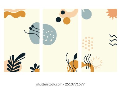 Abstract botanical background features soft, earthy tones with minimalist leaf designs, perfect for serene elegant touch to social media ads. Ideal for eco friendly products or wellness brands
