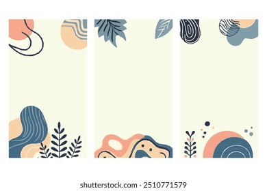 Abstract botanical background features soft, earthy tones with minimalist leaf designs, perfect for serene elegant touch to social media ads. Ideal for eco friendly products or wellness brands
