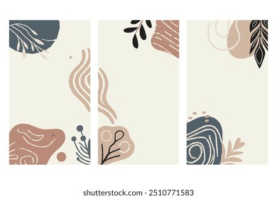 Abstract botanical background features soft, earthy tones with minimalist leaf designs, perfect for serene elegant touch to social media ads. Ideal for eco friendly products or wellness brands