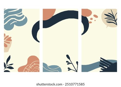 Abstract botanical background features soft, earthy tones with minimalist leaf designs, perfect for serene elegant touch to social media ads. Ideal for eco friendly products or wellness brands