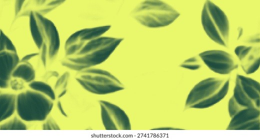 Abstract botanical background featuring green leaf silhouettes with halftone dot texture on a bright yellow backdrop.