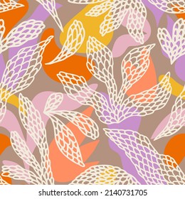 Abstract botanical background. Floral seamless pattern in flat modern manner. Hand drawn isolated rounded shapes. Cut out flower silhouettes. Outline sketch drawing. Good for fashion, textile, fabric.