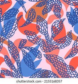 Abstract botanical background. Floral seamless pattern in flat modern manner. Hand drawn isolated rounded shapes. Cut out flower silhouettes. Outline sketch drawing. Good for fashion, textile, fabric.