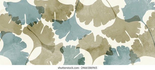 Abstract botanical background with ginkgo leaves with watercolor texture. Vector floral banner for design of wallpaper, print, packaging, poster, interior.