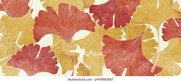 Abstract botanical background with ginkgo leaves with line elements. Plant pattern with leaves for banner, print, wallpaper, cover, textile, interior, greetings, poster