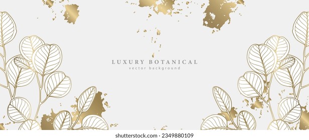 Abstract botanical background with golden eucalyptus branches and golden splashes. Luxury background for decor, wallpapers, cards and presentations.