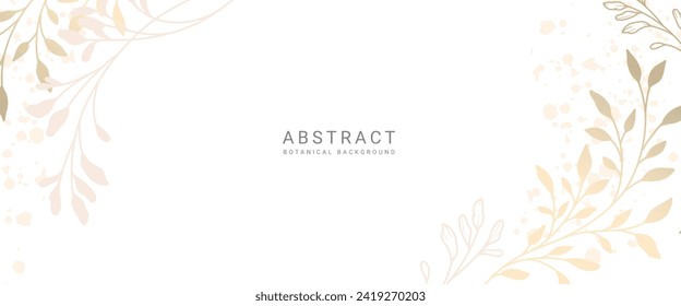 Abstract botanical background with golden line art branches and leaves. Neutral corner decoration with minimal style. Vector illustration for card, banner, invitation, advertising and packaging