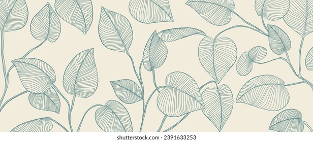 Abstract botanical background with hand drawn tropical leaves in line art style. Vector banner with exotic leaves for decoration, print, wallpaper, packaging, textile, interior