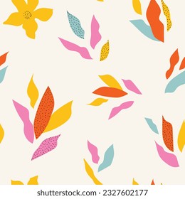 Abstract botanical background. Multicolored collage of autumn flowers and leaves. Cute decorative texture. Floral print. Modern design.