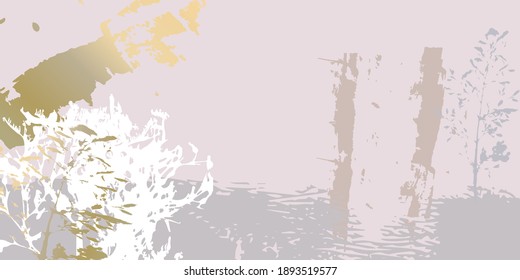 Abstract botanical background with realistic plants, paint strokes and golden texture. Isolated shapes under clipping mask for easy editing. Pastel colored creative  vector template