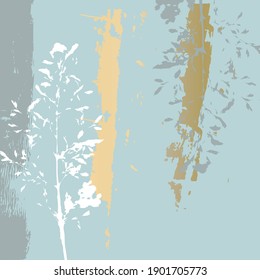 Abstract botanical background with realistic plants, paint strokes and golden texture. Isolated shapes under clipping mask for easy editing. Pastel colored creative  vector template