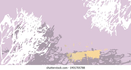 Abstract botanical background with realistic plants, paint strokes and golden texture. Isolated shapes under clipping mask for easy editing. Pastel colored creative  vector template