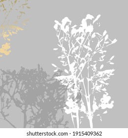 Abstract botanical background with realistic plants, paint strokes and golden texture. Isolated shapes under clipping mask for easy editing. Pastel colored creative  vector template
