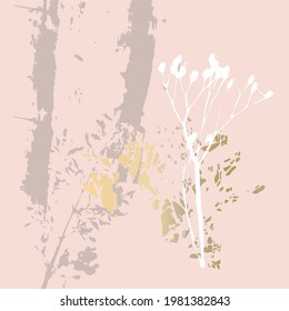 Abstract botanical background with realistic plants, paint strokes and golden texture. Isolated shapes under clipping mask for easy editing. Pastel colored creative  vector template