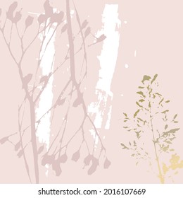 Abstract botanical background with realistic plants, paint strokes and golden texture. Isolated shapes under clipping mask for easy editing. Pastel colored creative  vector template