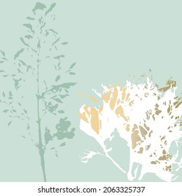 Abstract botanical background with realistic plants, paint strokes and golden texture. Isolated shapes under clipping mask for easy editing. Pastel colored creative  vector template