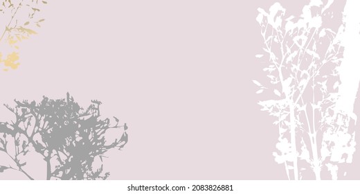 Abstract botanical background with realistic plants, paint strokes and golden texture. Isolated shapes under clipping mask for easy editing. Pastel colored creative  vector template