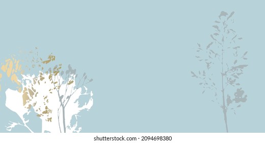 Abstract botanical background with realistic plants, paint strokes and golden texture. Isolated shapes under clipping mask for easy editing. Pastel colored creative  vector template