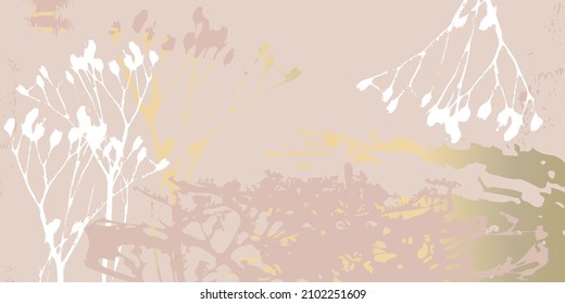 Abstract botanical background with realistic plants, paint strokes and golden texture. Isolated shapes under clipping mask for easy editing. Pastel colored creative  vector template