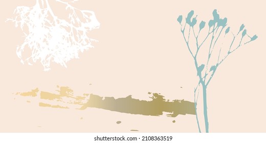 Abstract botanical background with realistic plants, paint strokes and golden texture. Isolated shapes under clipping mask for easy editing. Pastel colored creative  vector template