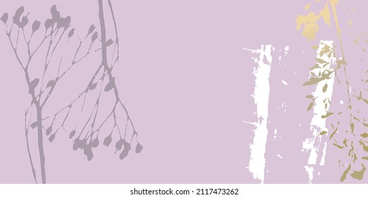 Abstract botanical background with realistic plants, paint strokes and golden texture. Isolated shapes under clipping mask for easy editing. Pastel colored creative  vector template