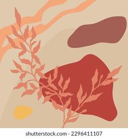 Resumen de fondo botánico con formas y líneas en colores naranja, rojo y beige. Arte vector conceptual
