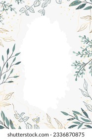 Abstract botanical background with tree branches and leaves in line art. Green and golden leaf, brush, line, splash of paint. Design vector illustration for invitation card, wallpaper, cover, banner