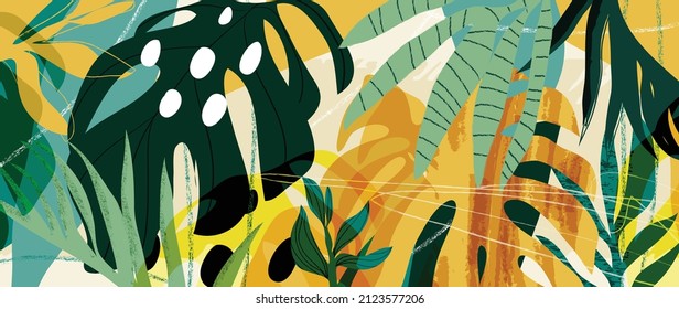 Abstract botanical background. Tropical watercolor banner with green, yellow palm leaf and monstera leaves. Summer pattern design for wallpaper, prints, cover, fabric, wall art and home decor.