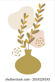 Abstract botanical composition collage with vase,  leaf plant branch silhouette, irregular organic shape blobs, hand drawn doodle scribbles. Modern wall art, trendy minimalist style. Vector isolated