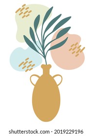Abstract botanical composition collage with vase, leaf plant branch silhouette, irregular organic shape blobs, hand drawn doodle scribbles. Modern wall art, trendy minimalist style. Vector isolated