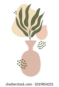 Abstract botanical composition collage with vase, palm leaf plant branch silhouette, irregular organic shape blobs, hand drawn circles. Modern wall art, trendy minimalist style. Vector isolated