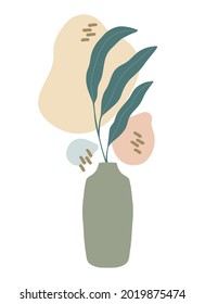 Abstract botanical composition collage with vase, tropical leaf plant branch silhouette, irregular organic shape blobs, hand drawn doodles. Modern wall art, trendy minimalist style. Vector isolated