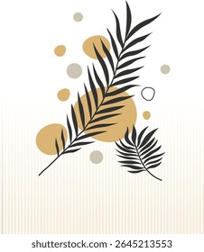 Abstract botanical composition with fern leaves and golden shapes Flat botanic design boho wall art