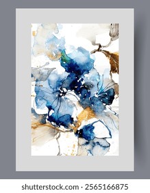 Abstract botanical creative work with flowers with bright petals blooming in sunny meadow in park. Botanical nature pattern on watercolor poster, for fabric design or summer clothing. Wall art, print