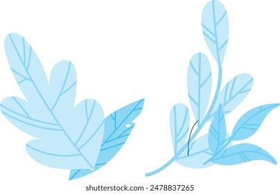 Abstract botanical design blue leaves, isolated white background. Primarily shades blue, simple graphic style. Decorative art print, web use. Vector illustration stylized blue leaves, detailed