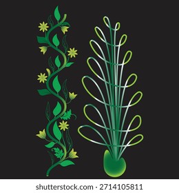 Abstractas diseño botánico con elegantes vides verdes, hojas y Formas de plantas que fluyen sobre un fondo oscuro. Ideal para Elementos decorativos, arte mural, estampados textiles, marca y naturaleza inspirada d