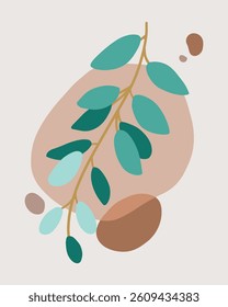 Abstract botanical doodle foliage leaf mint painting in vector modern elegant illustration for painting, decoration, wallpaper, print, wall art, poster in retro design