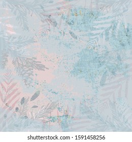 Abstract botanical dusty pastel blue and pink pale blush background. Chic trendy tile pattern imitating gouache, acrylic or watercolor paintings