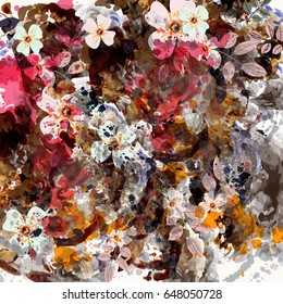 Abstract botanical floral background with spots and flowers. Tropical grunge style