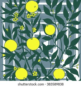 Abstract botanical floral seamless vector pattern with orange tree on square maze background